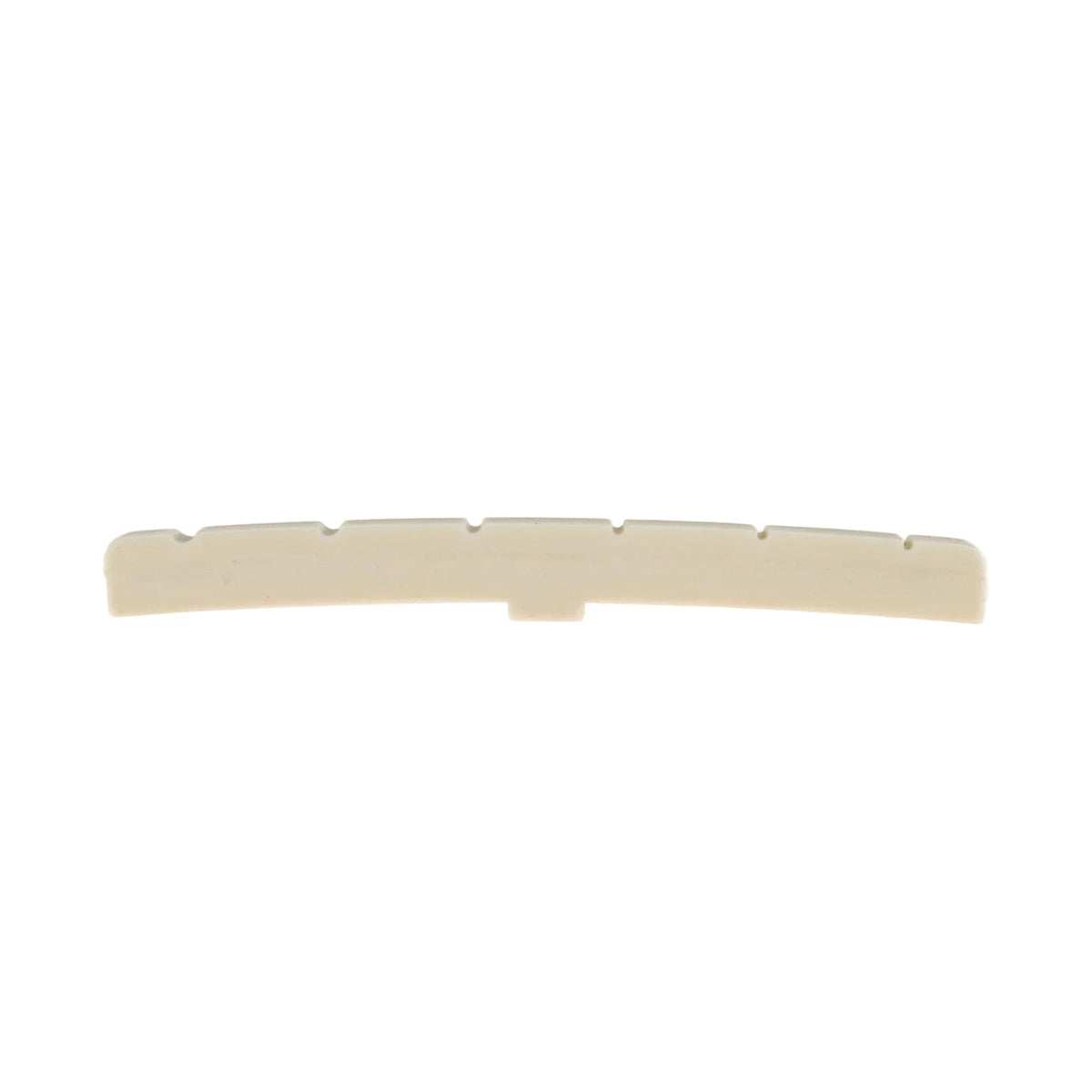 Rear view of a white six-slot guitar nut with a center locating tab.