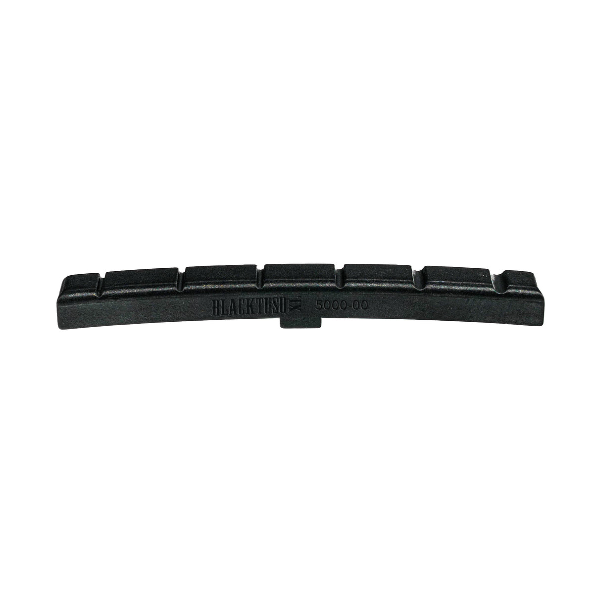 Front view of a black six-slot guitar nut marked BLACK TUSQ 5000-00.